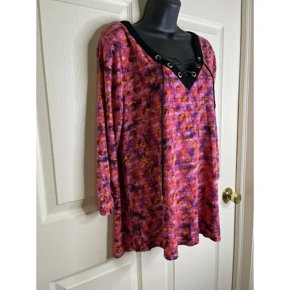 August Silk Top Womens Size XL Long Sleeve Purple Pink Coral Black Stretch Rayon - Picture 6 of 9